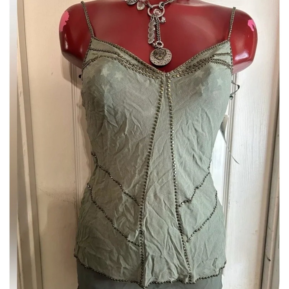 Womens Vintage DKNY 100% Silk Cami Top Studded Bronze Rivets - Sage Green Size 6